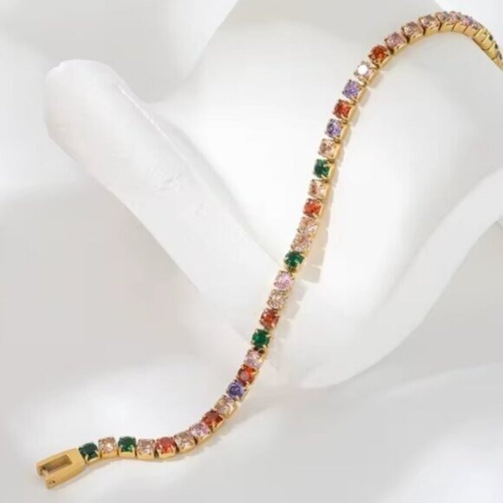 Colorful CZ Tennis Bracelet Waterproof Gold Stacking Bracelet Gold Box Clasp - Picture 12 of 15